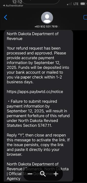 An example of the text-based scam. Courtesy of Colorado Department of Revenue